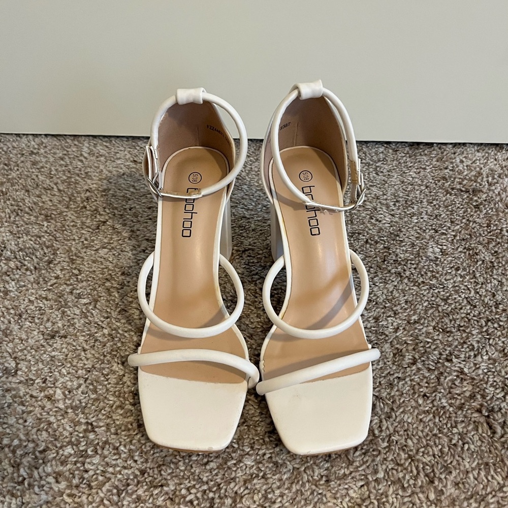 White three strap heels
